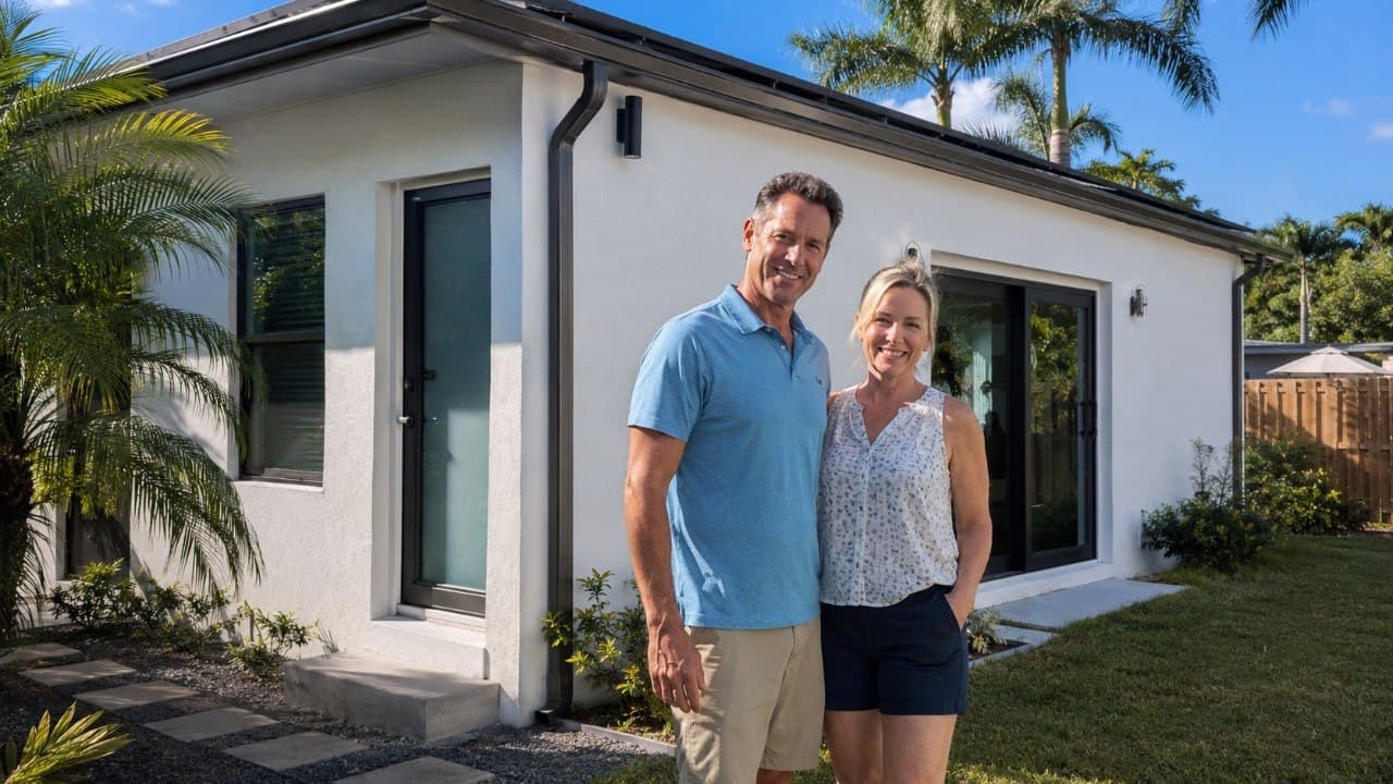 Best ADU builders in Florida — homeowner couple smiling outside their completed white stucco detached ADU, palm trees and blue Florida sky