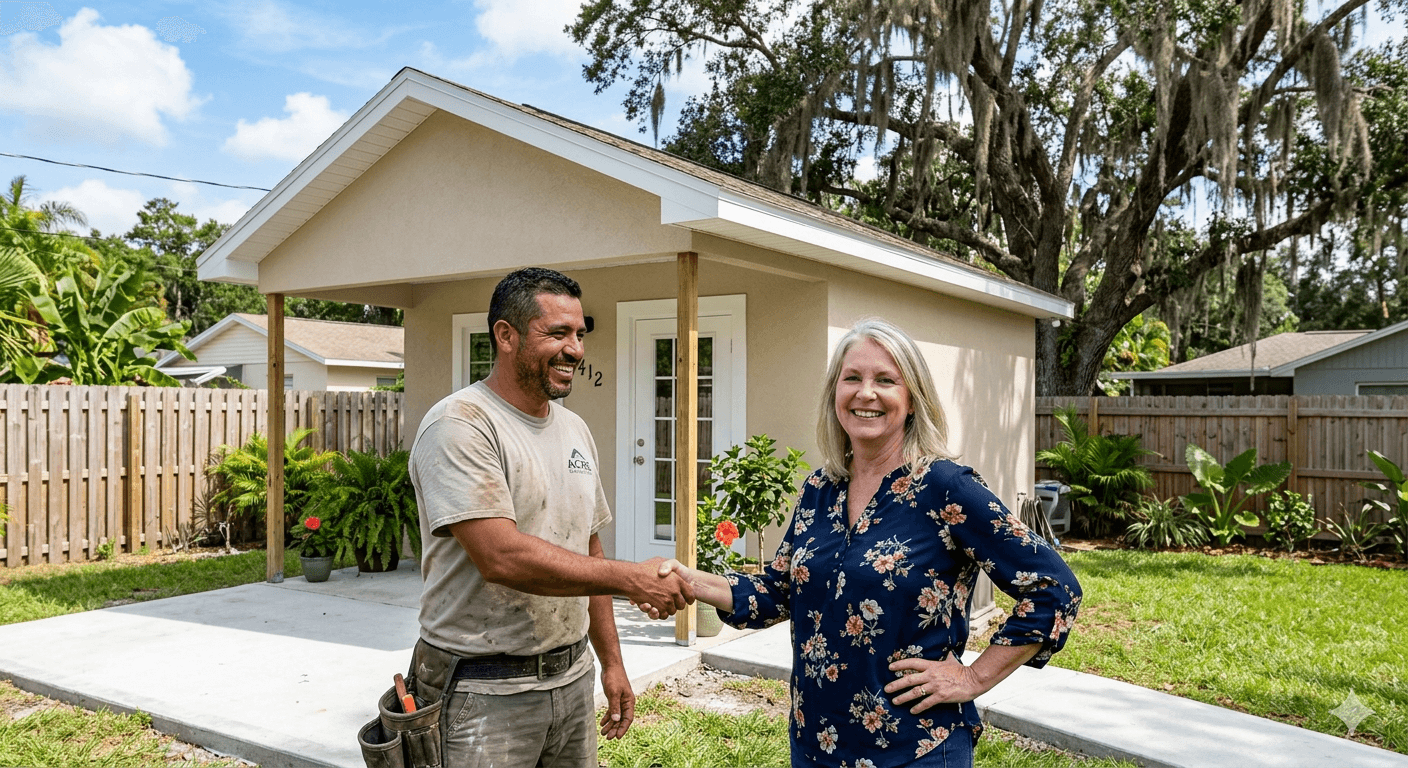 Florida contractor and homeowner shaking hands in front of their completed ADU — project done, everyone happy