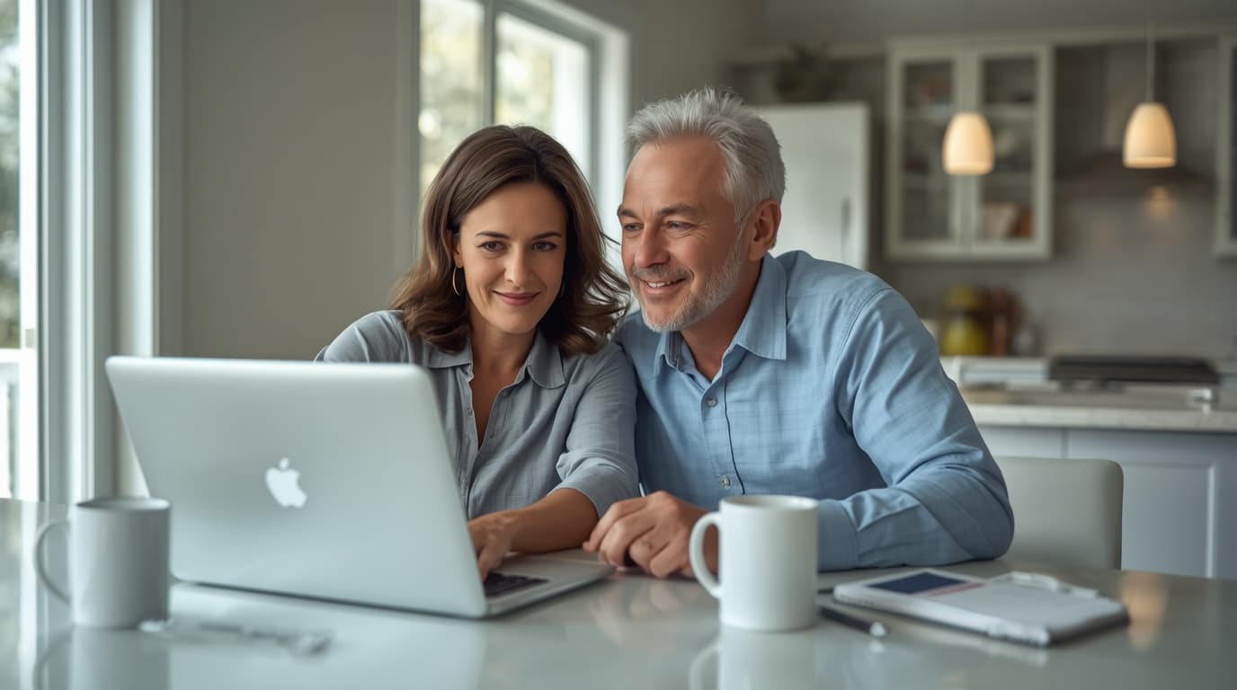Florida couple at kitchen table researching ADU laws on a laptop — calm and confident after finding the answers they needed