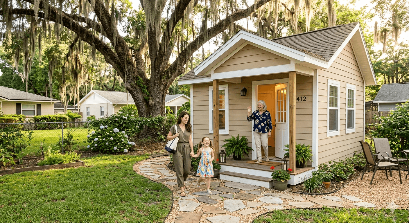 Jacksonville homeowner welcoming her daughter and grandchild to their newly completed backyard ADU — multigenerational living in North Florida
