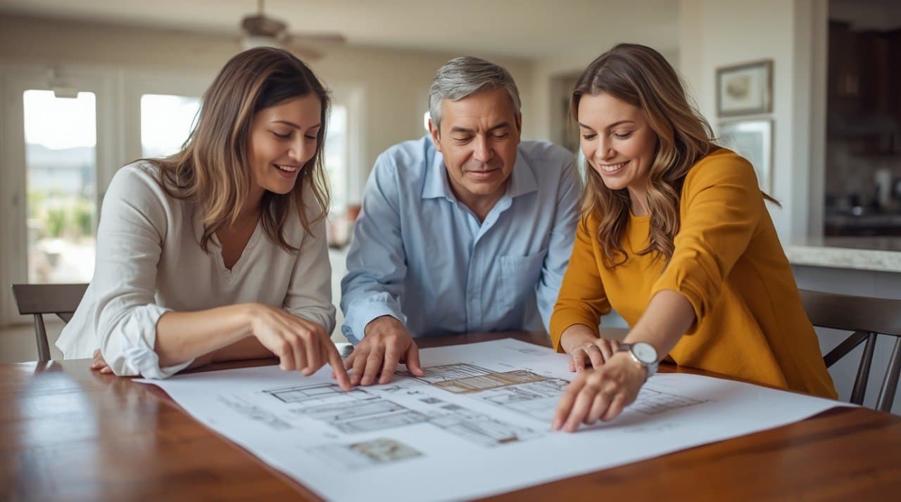 Orlando homeowner couple reviewing ADU blueprints with their contractor — collaborative planning session in a Florida home