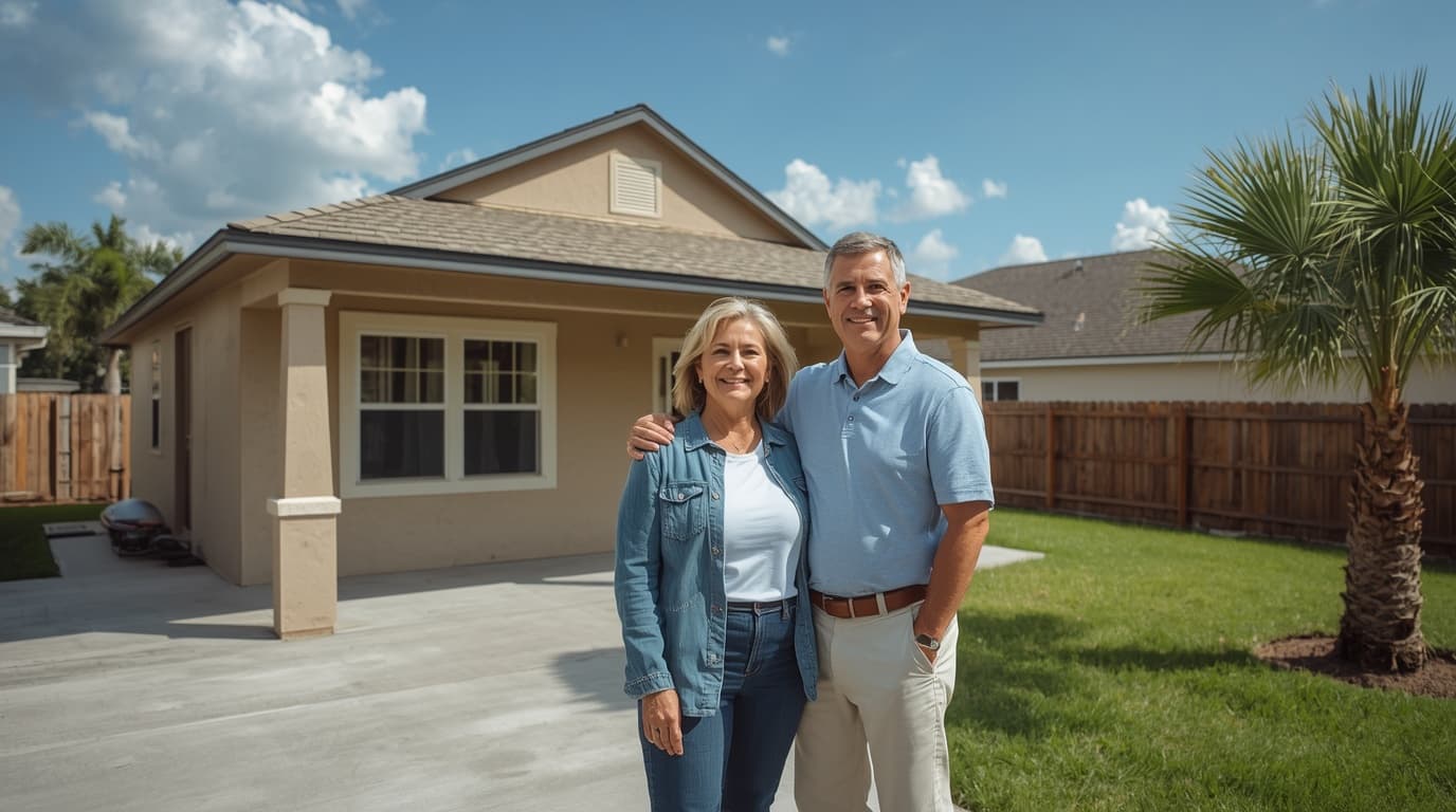 Orlando couple smiling in front of their completed backyard ADU — beige stucco cottage, bright Florida sky, palm tree