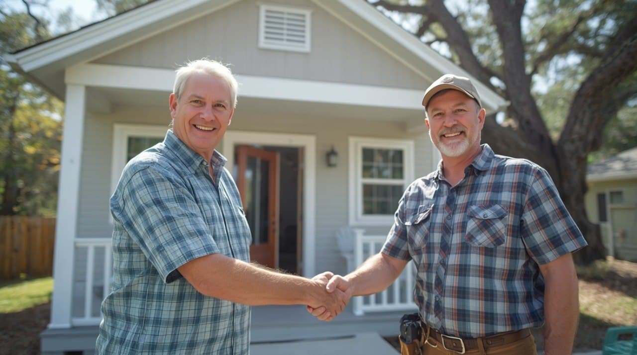 Tampa homeowner and ADU builder shaking hands in front of a completed backyard cottage — oak trees and Spanish moss in the background