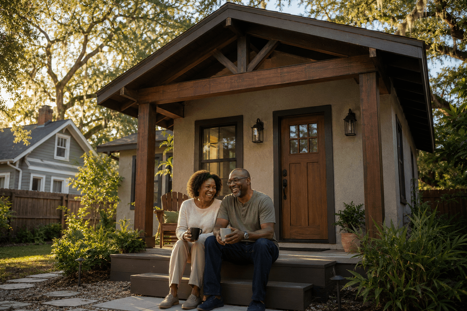 Tampa couple relaxing on the stoop of their completed Craftsman-style backyard ADU — proud Florida homeowners enjoying the result