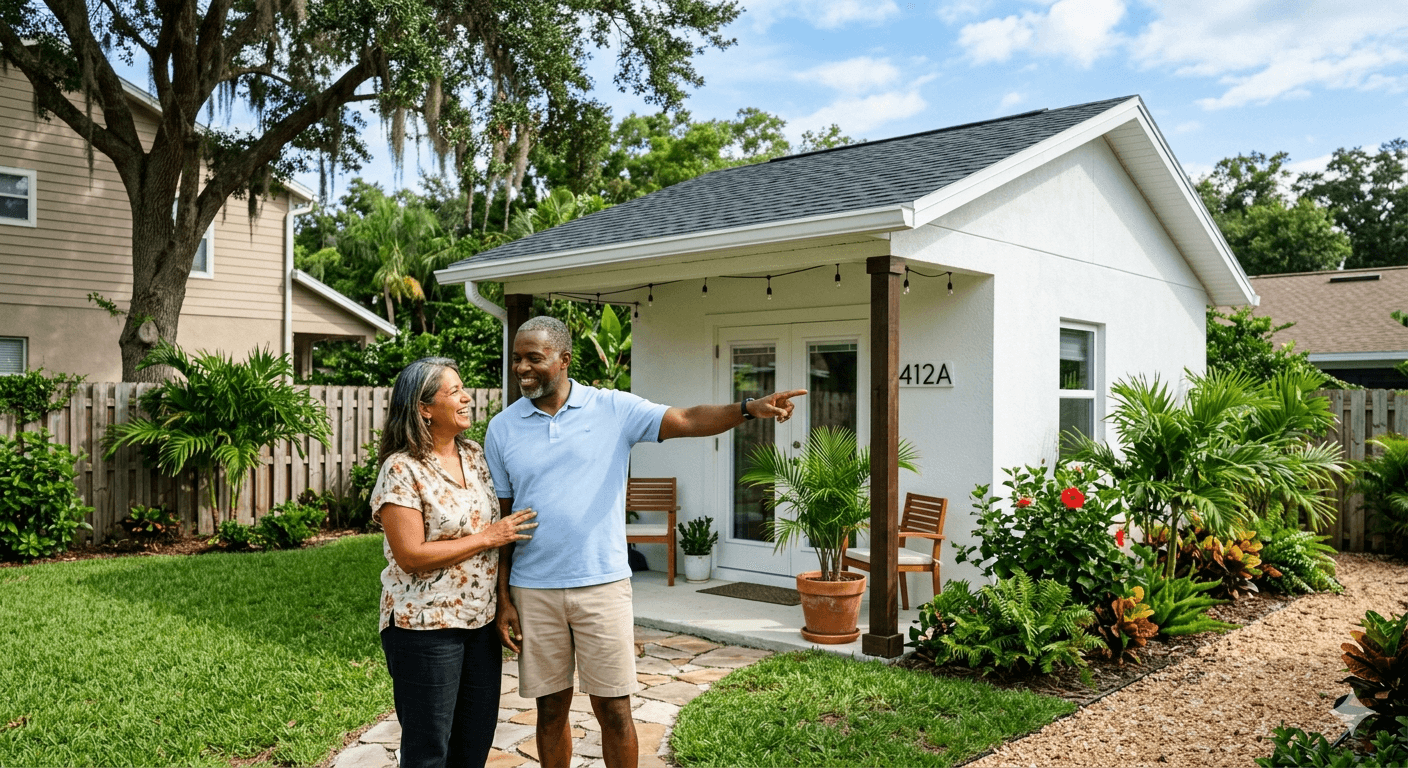 Tallahassee Florida homeowner standing in front of completed ADU — FSU and state capital rental market