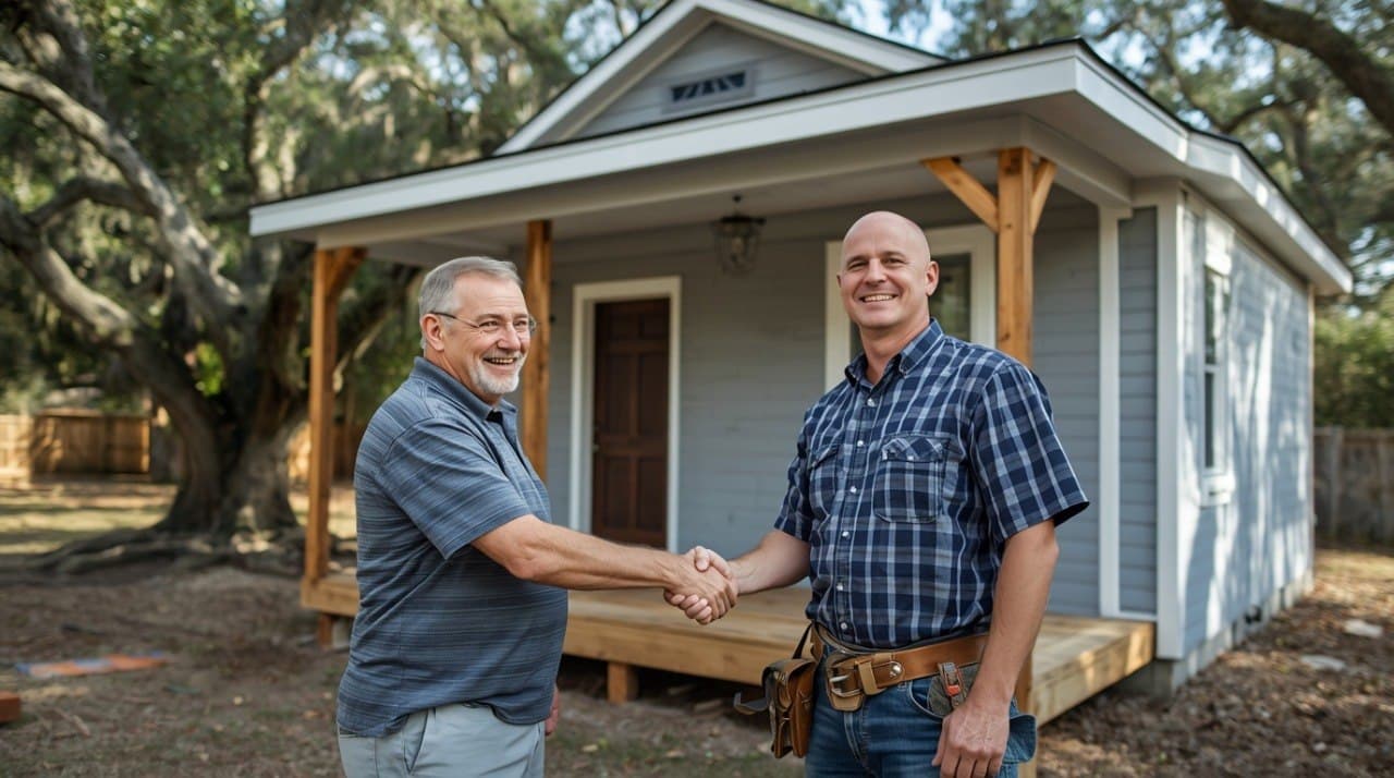 Jacksonville homeowner shaking hands with his ADU builder in front of their newly completed backyard cottage — Spanish moss oak trees, genuine satisfaction