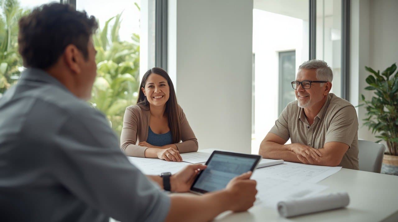 Miami homeowner couple meeting with their ADU builder — reviewing plans together in a bright modern room with tropical plants