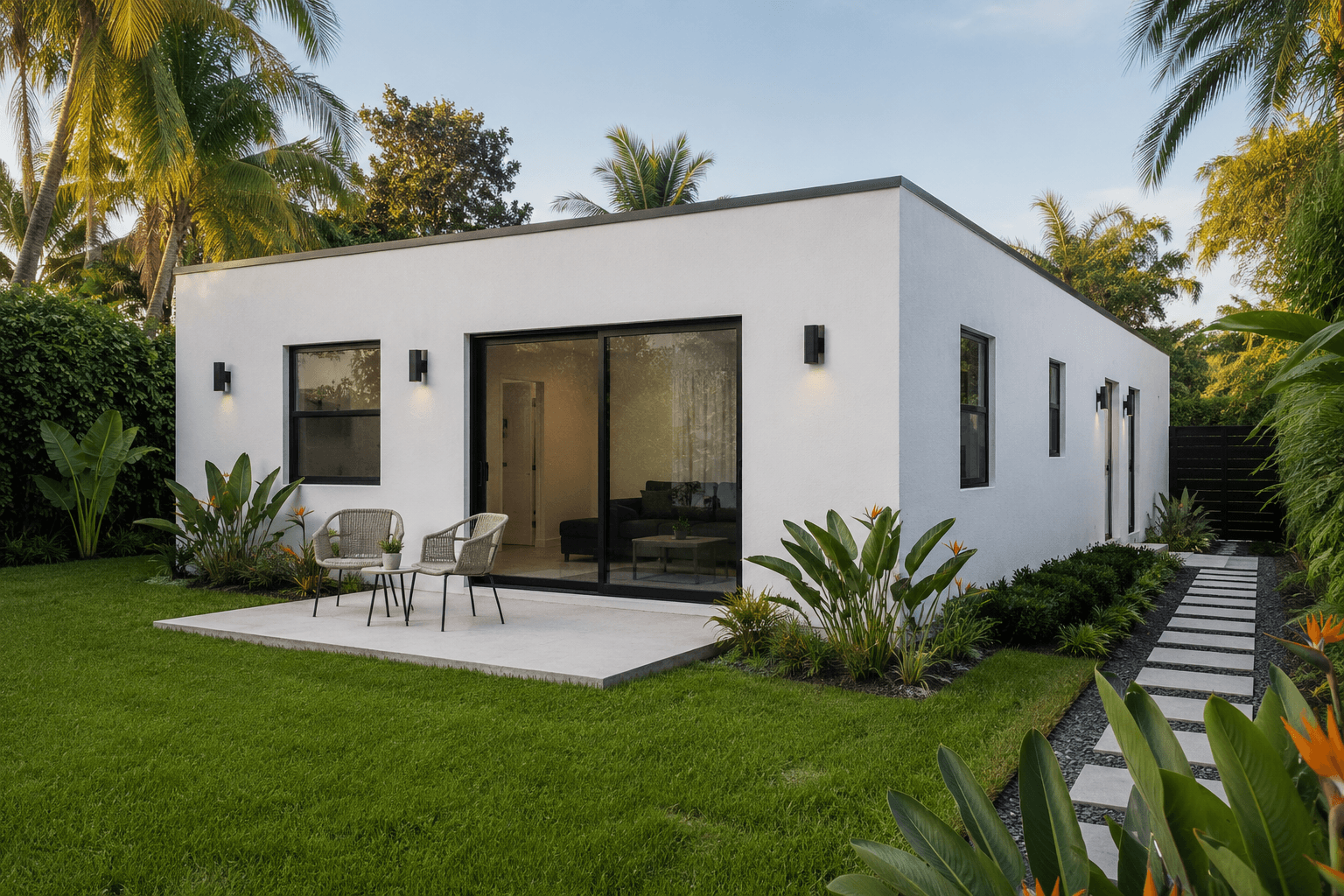 Completed modern ADU in a Miami backyard — white stucco, flat roof, tropical landscaping, sliding glass doors opening to a patio