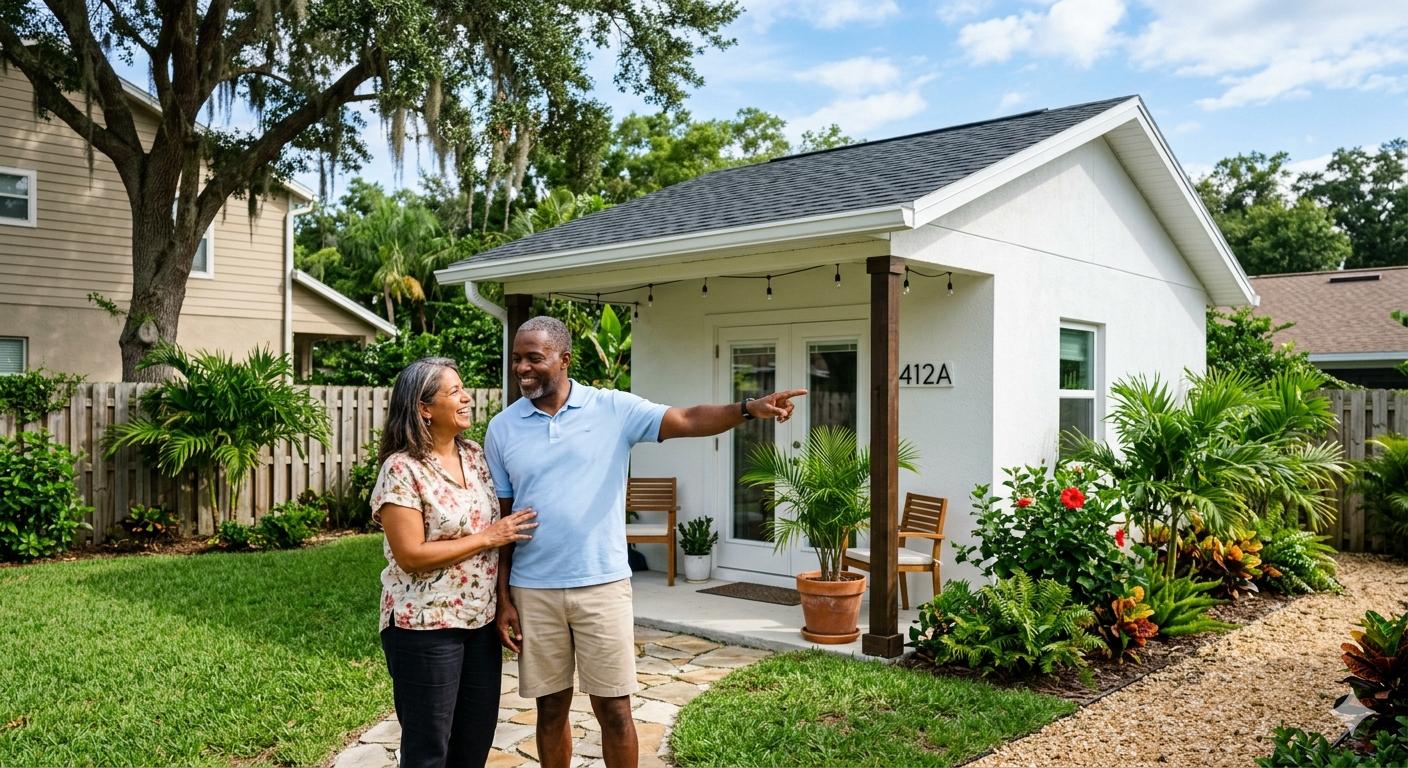 Florida homeowners proudly pointing at their completed backyard ADU in Pinecrest — the result of a successful build